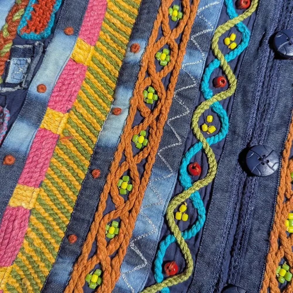 Vtg 1990s Coldwater Creek Collarless Tie Dye Denim Beaded Embroidered Jacket XL
